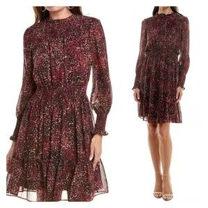 Just Taylor Crimson Smocked Mock Neck Long Sleeve Chiffon Cocktail Dress Size 6